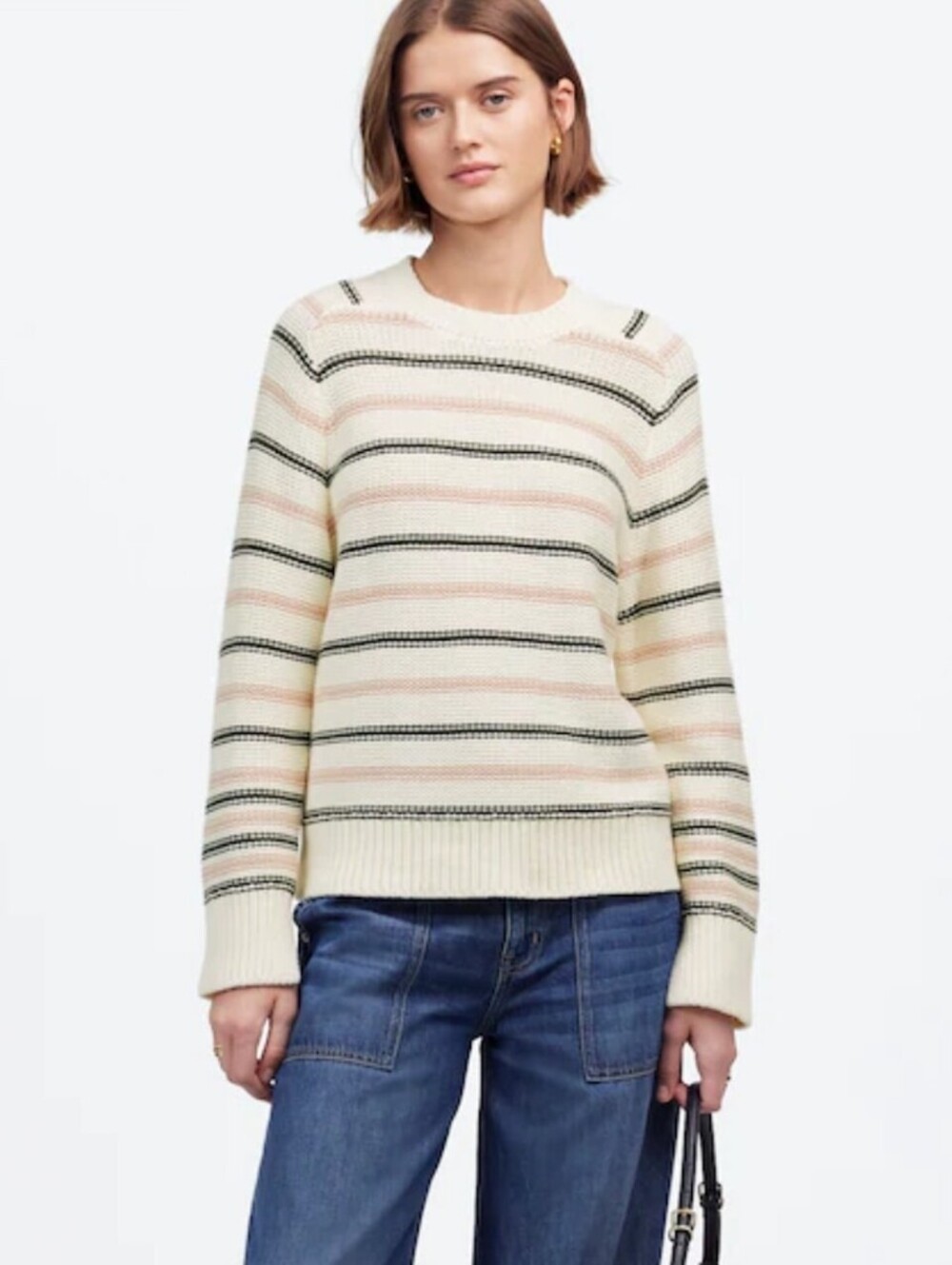Madewell Cream Pink & Green Striped 100% Cotton Crewneck Sweater - Size - XS